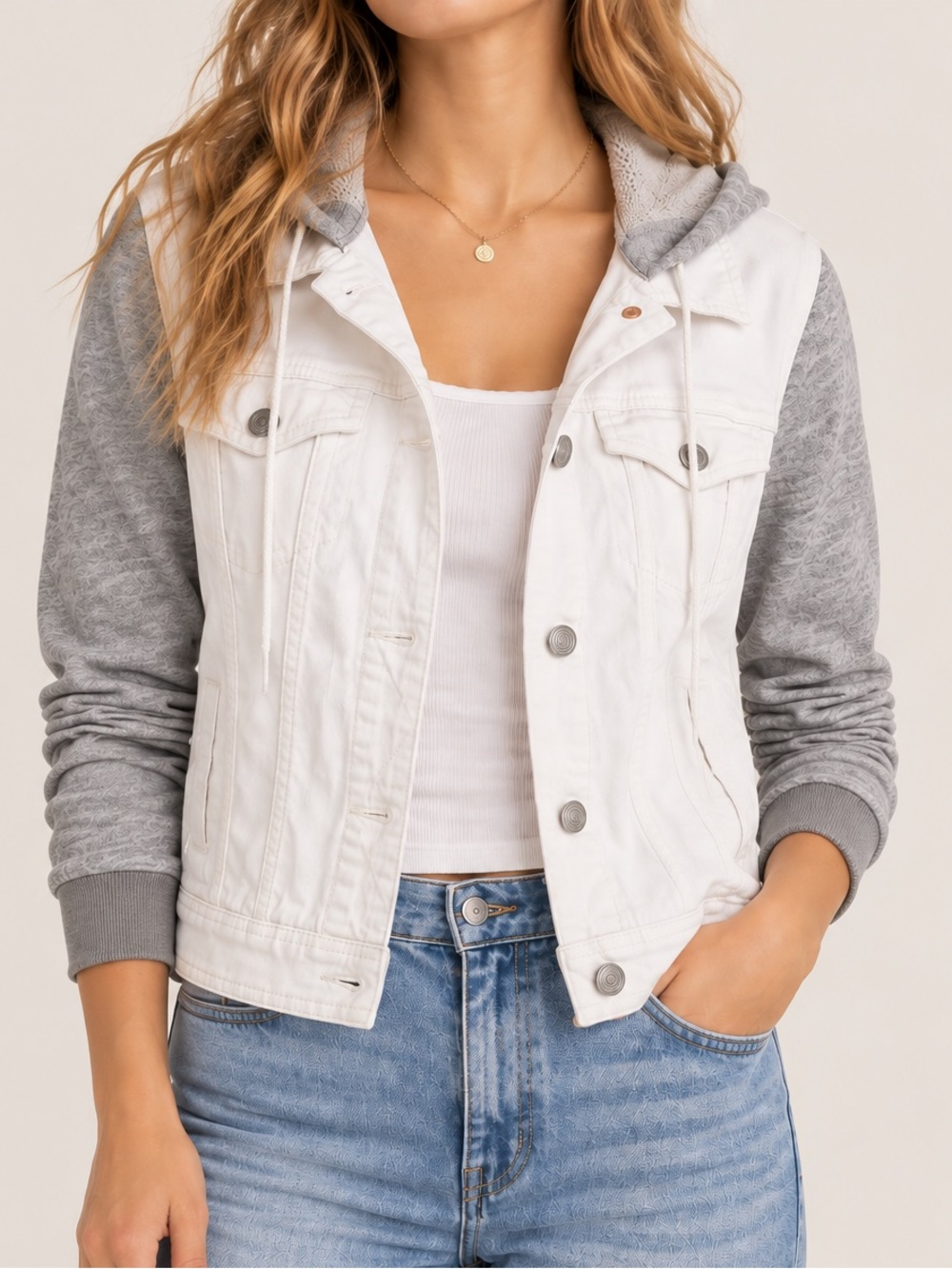 American Eagle Outfitters White Denim Jacket with Gray Hoodie and Sleeves Sz L